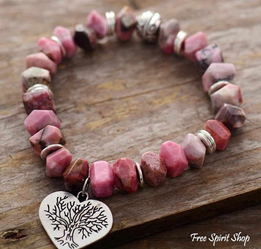 Natural Rhodonite Tree of Life & Heart Bead Bracelet - Free Spirit Shop