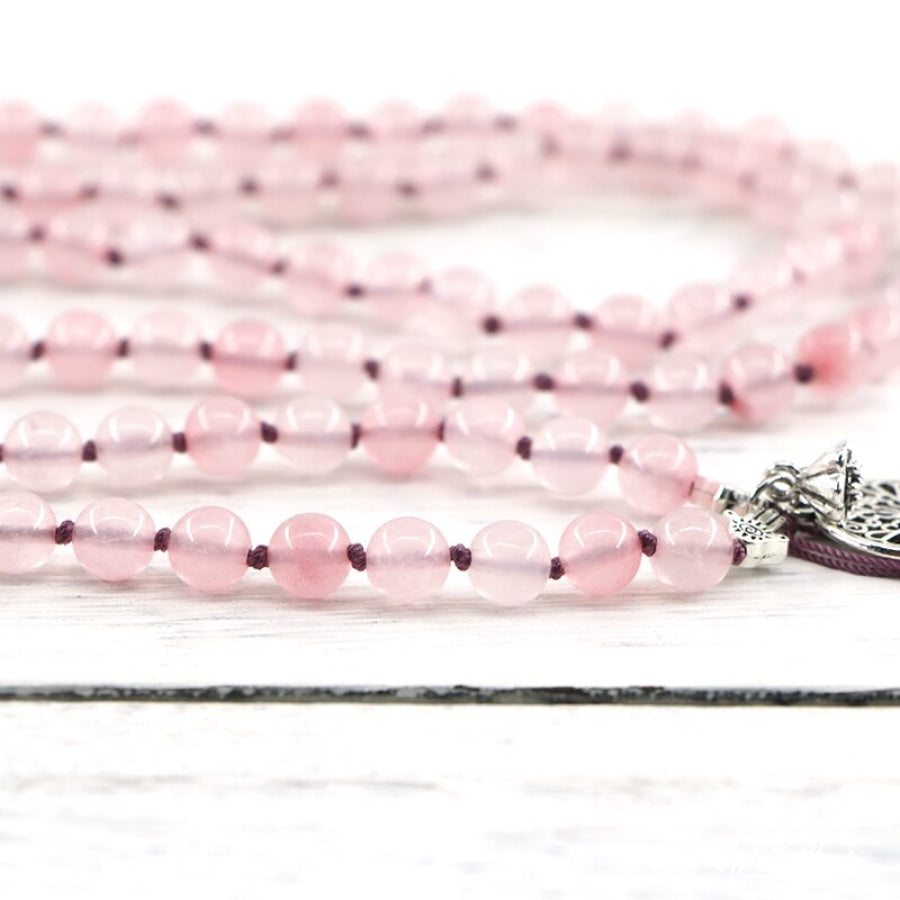 Natural Rose Quartz & Mandala Flower Mala Bead Necklace - Free Spirit Shop