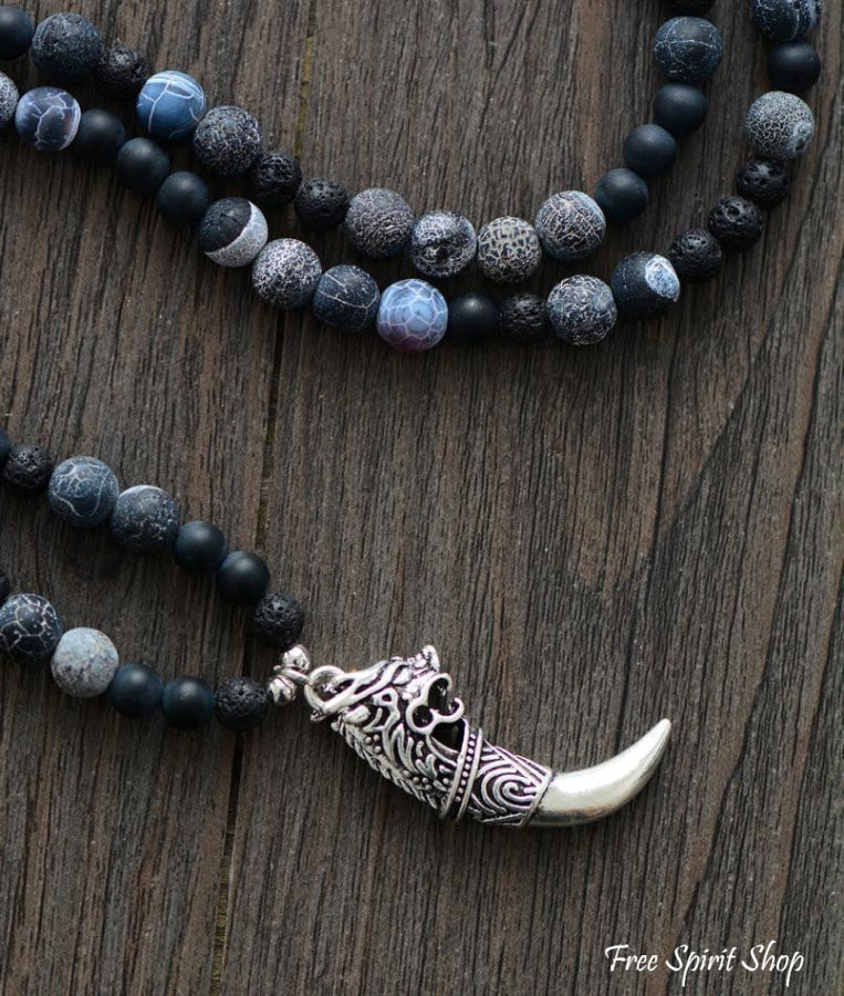 Natural Semi-Precious Agate & Jasper Bead Necklace With Dragon Tusk Pendant - Free Spirit Shop
