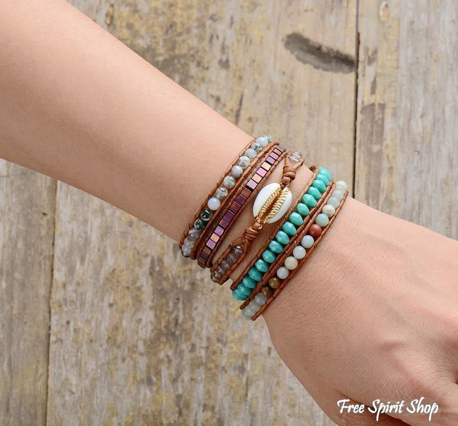 Natural Shell Wrap Bracelet With Amazonite & Moss Agate Beads - Free Spirit Shop