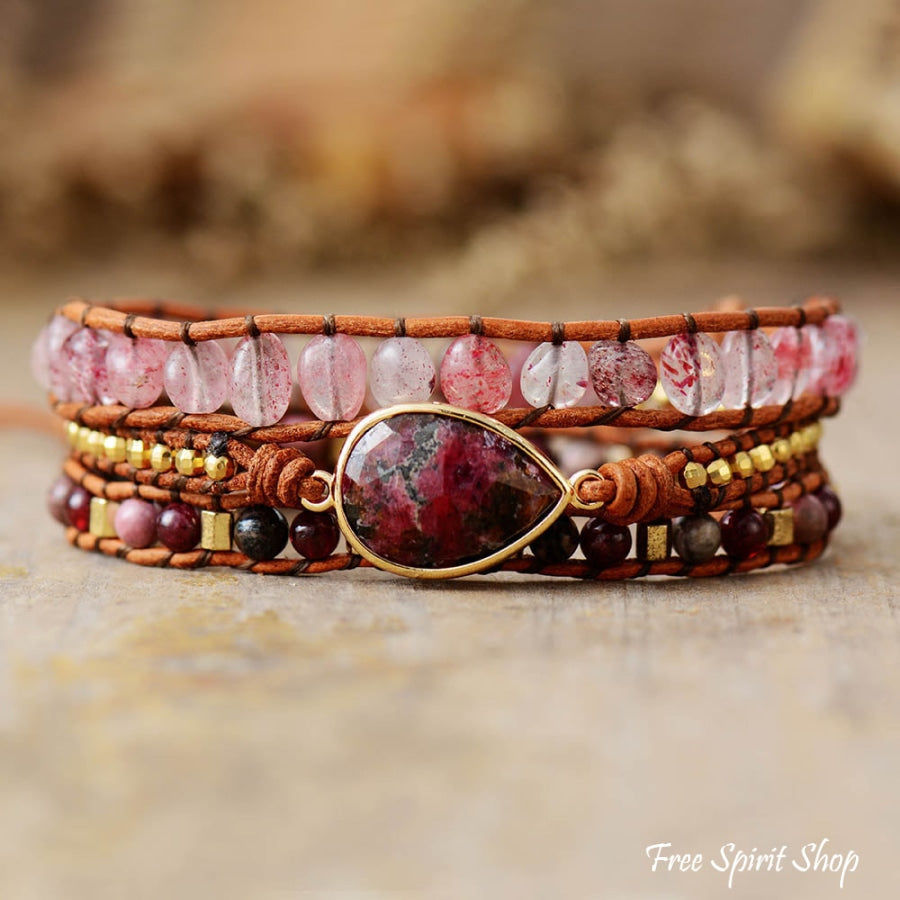 Natural Strawberry Quartz & Garnet Wrap Bracelet - Free Spirit Shop