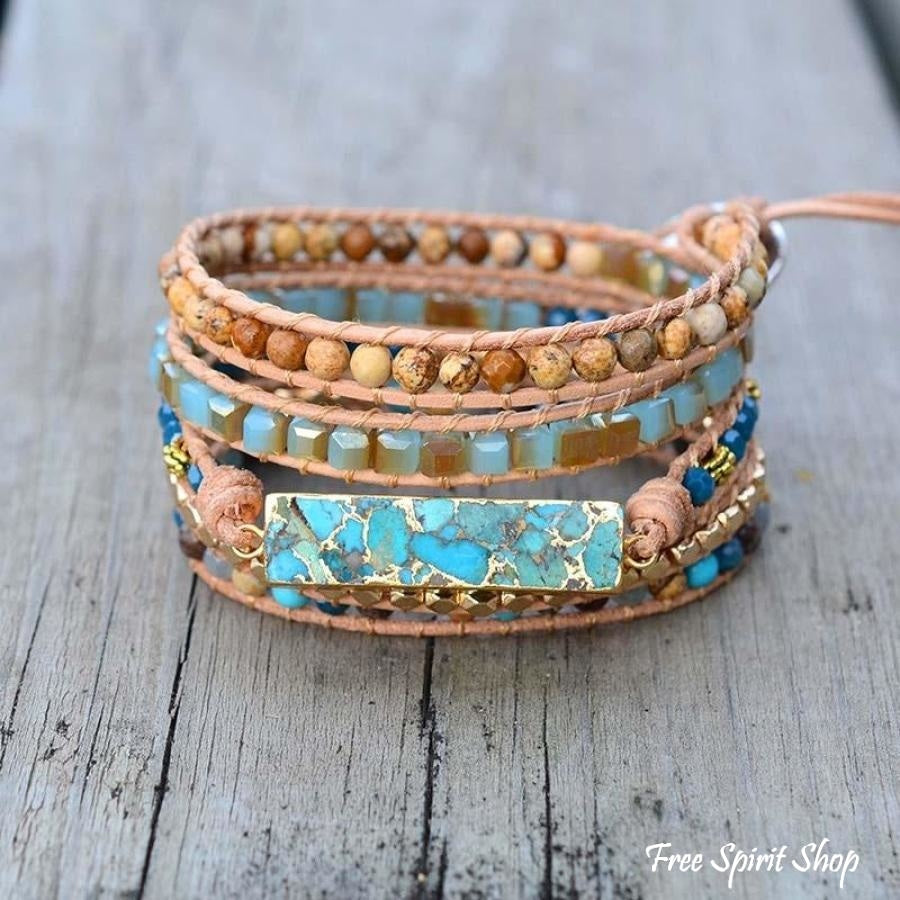 Natural Turquoise & Jasper Beaded Wrap Bracelet - Free Spirit Shop