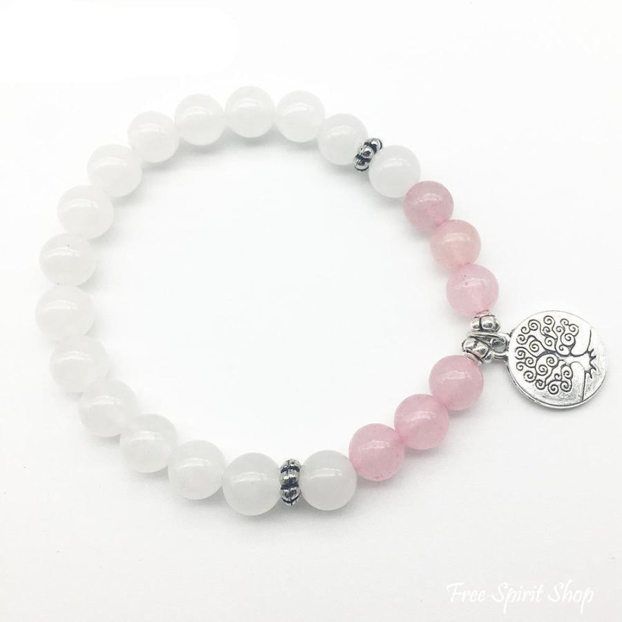 Natural White Jade & Rose Quartz Bead Mala Bracelet - Free Spirit Shop