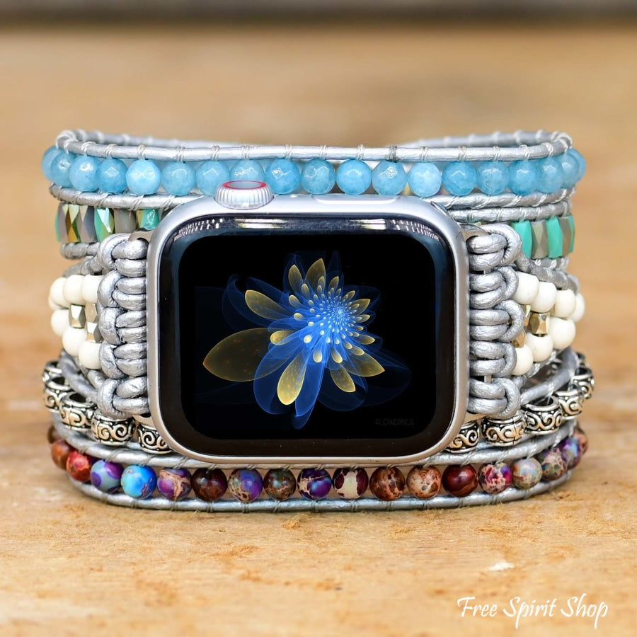 Purple Jasper & Aqua Blue Beaded Apple Watch Band - Free Spirit Shop