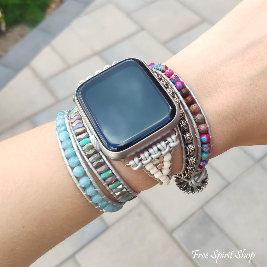 Purple Jasper & Aqua Blue Beaded Apple Watch Band - Free Spirit Shop