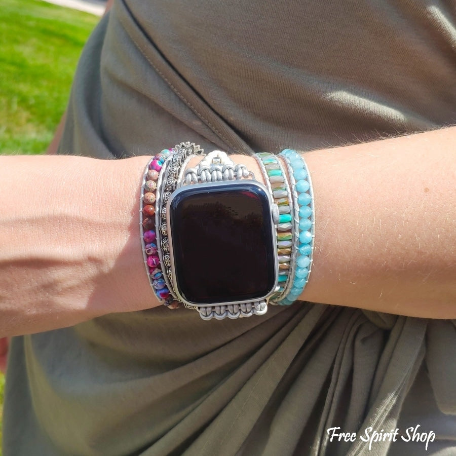 Purple Jasper & Aqua Blue Beaded Apple Watch Band - Free Spirit Shop
