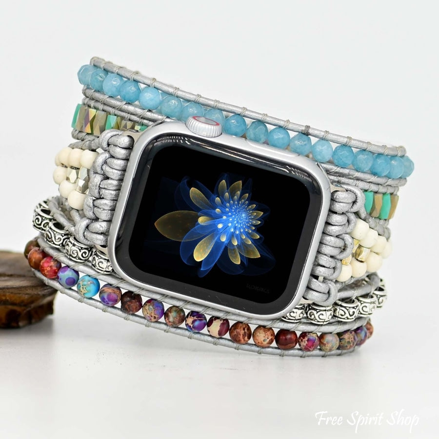 Purple Jasper & Aqua Blue Beaded Apple Watch Band - Free Spirit Shop