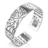 S990 Silver Buddhist Lotus & Heart Sutra Bangle Bracelet - Free Spirit Shop
