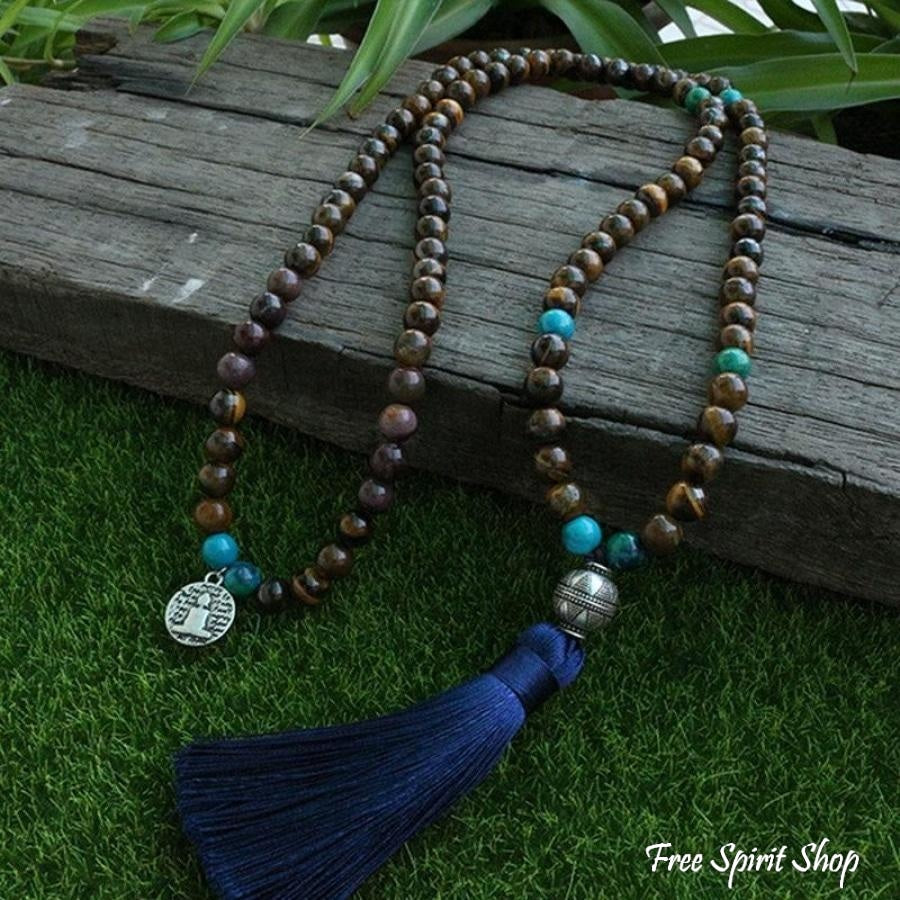 Tibetan 108 Natural Tiger Eye & Blue Tassel Mala Prayer Beads - Free Spirit Shop