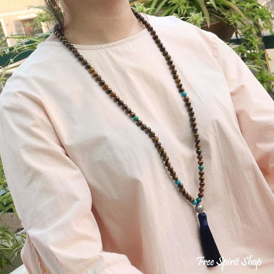 Tibetan 108 Natural Tiger Eye & Blue Tassel Mala Prayer Beads - Free Spirit Shop