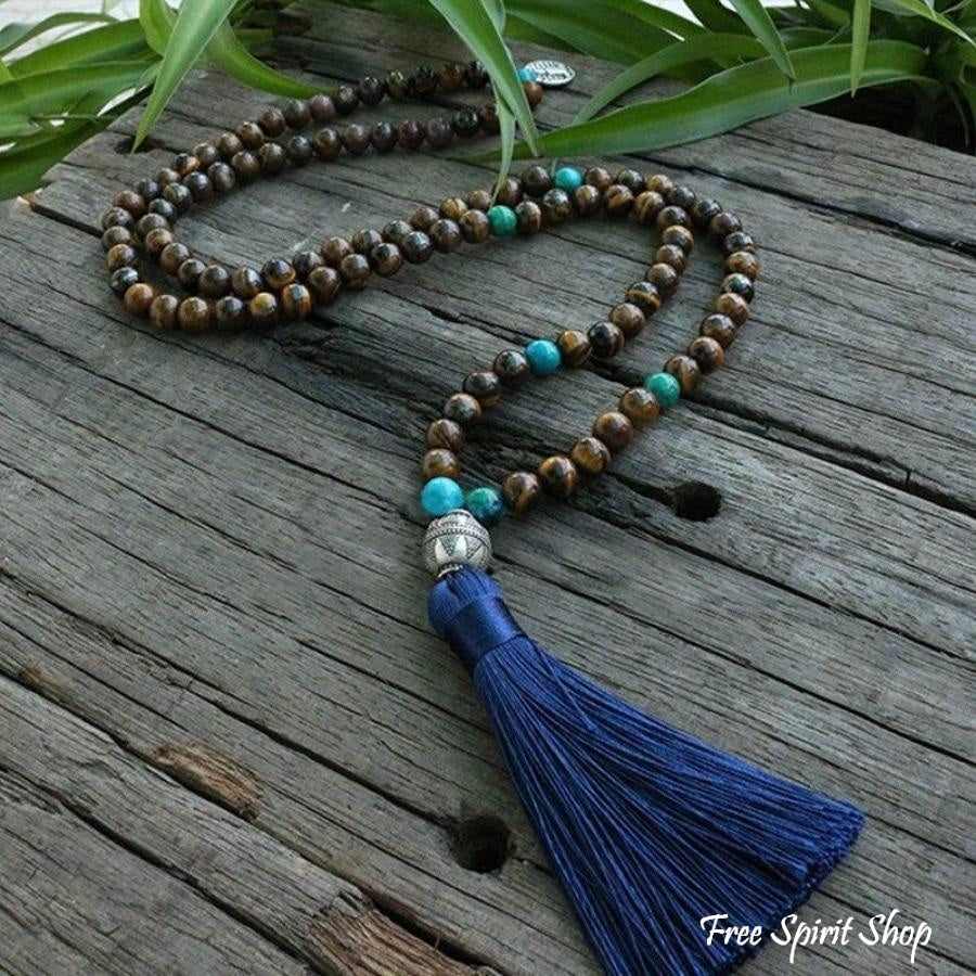 Tibetan 108 Natural Tiger Eye & Blue Tassel Mala Prayer Beads - Free Spirit Shop