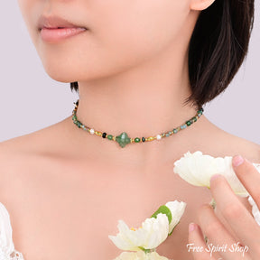 4-in-1 Natural Stone Emerald Forest Beaded Chain – Necklace, Choker, Bracelet & Phone Chain Accessory
