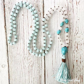 108 Aquamarine White Jade & Turquoise Mala Beads With Tassel - Free Spirit Shop