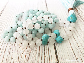 108 Aquamarine White Jade & Turquoise Mala Beads With Tassel - Free Spirit Shop