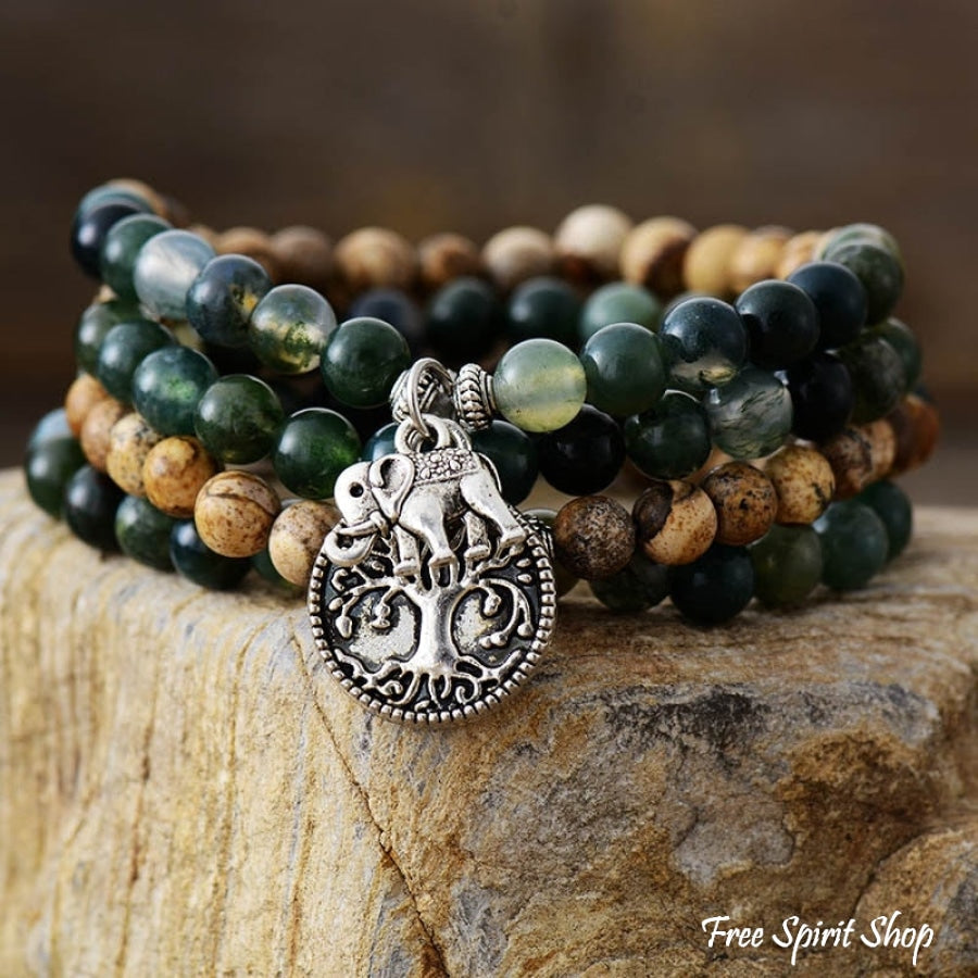 108 Green Moss Agate & Picture Jasper Elephant Mala Bead Bracelet - Free Spirit Shop