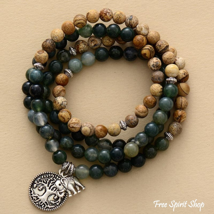 108 Green Moss Agate & Picture Jasper Elephant Mala Bead Bracelet - Free Spirit Shop