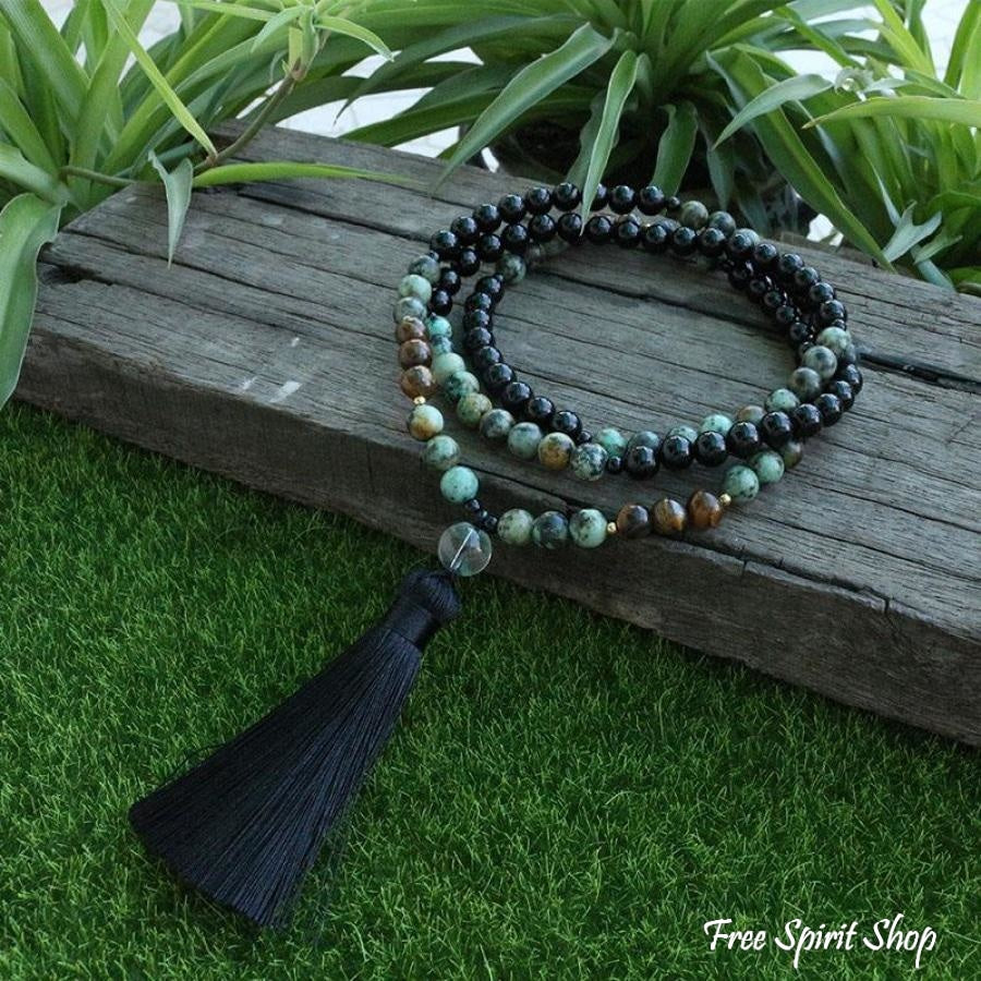 108 Natural African Turquoise & Black Onyx Mala Bead Necklace - Free Spirit Shop