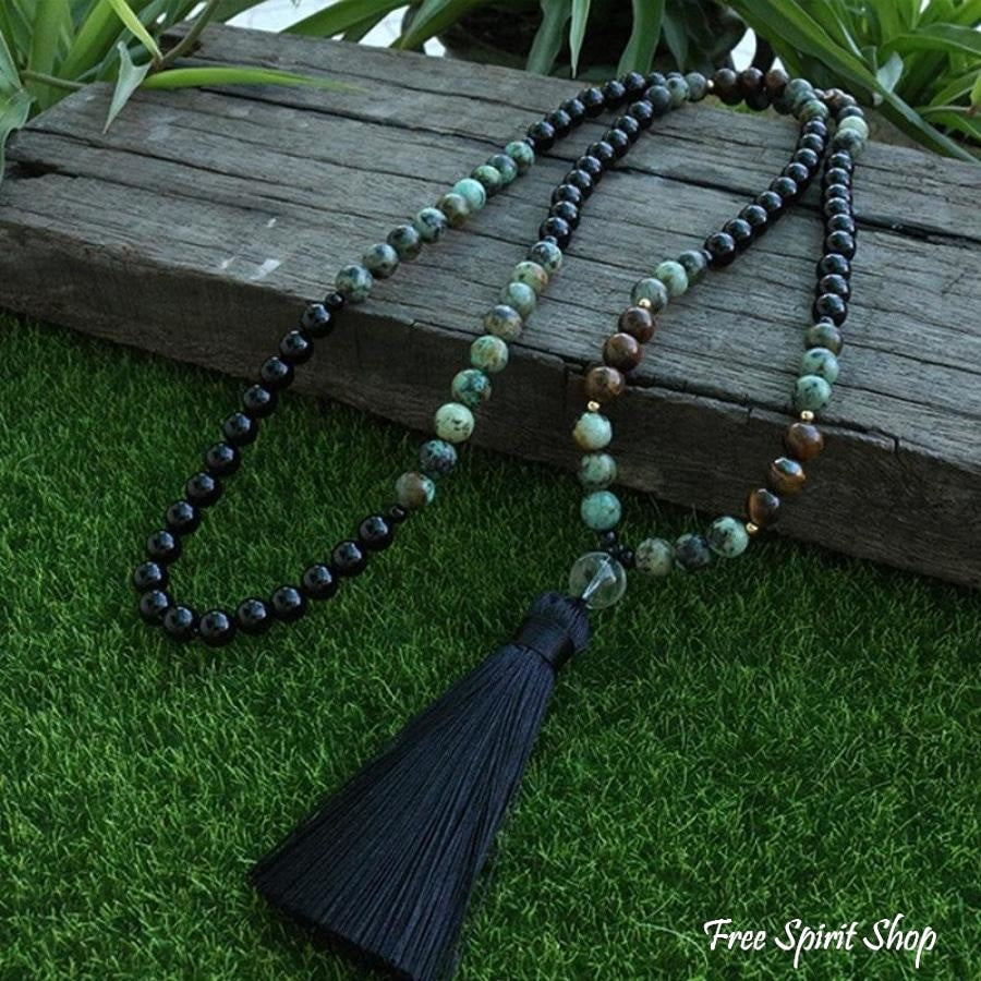 108 Natural African Turquoise & Black Onyx Mala Bead Necklace - Free Spirit Shop