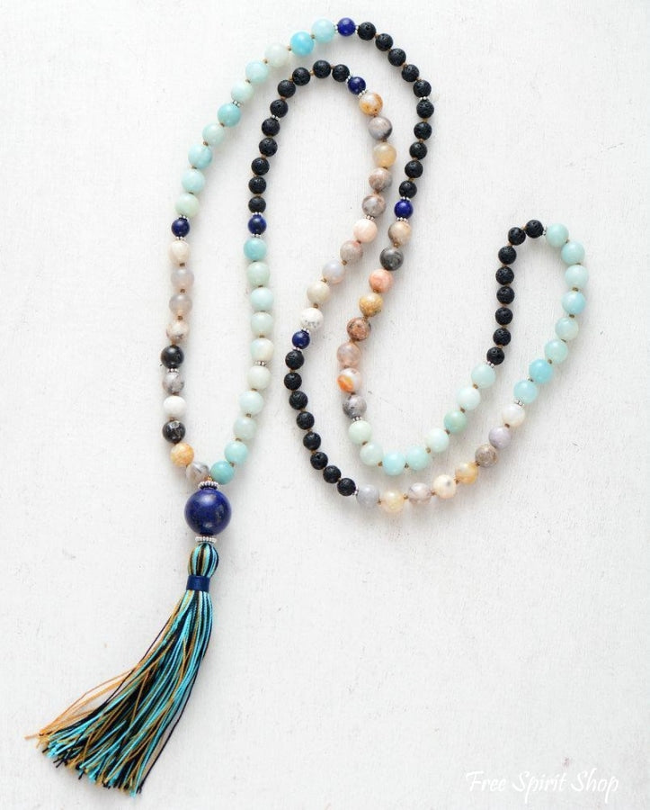 108 Natural Amazonite Jasper Lapis Lazuli Lava Stone Mala Bead Prayer - Free Spirit Shop