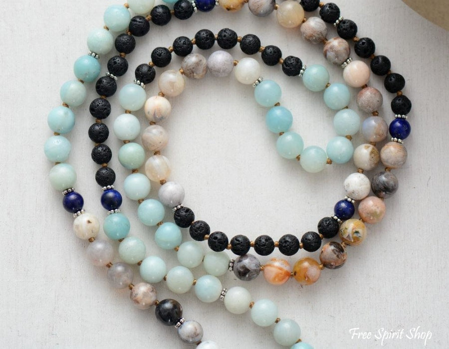 108 Natural Amazonite Jasper Lapis Lazuli Lava Stone Mala Bead Prayer - Free Spirit Shop