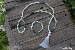 108 Natural Amazonite Labradorite Aquamarine & Rose Quartz Mala Necklace / Bracelet - Free Spirit Shop