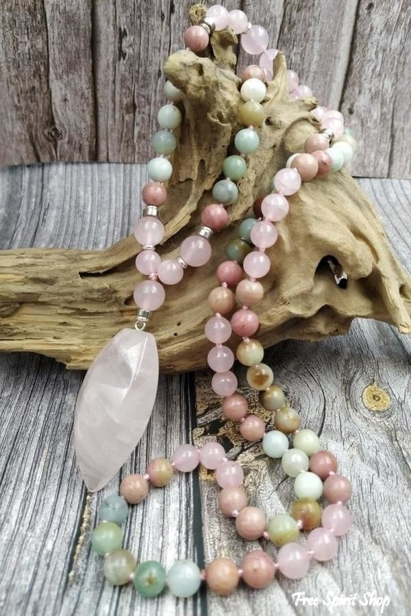 108 Natural Amazonite Rose Quartz & Rhodonite Mala Necklace - Free Spirit Shop