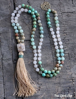 108 Natural Amazonite Turquoise & Clear Quartz Mala Bead Necklace - Free Spirit Shop
