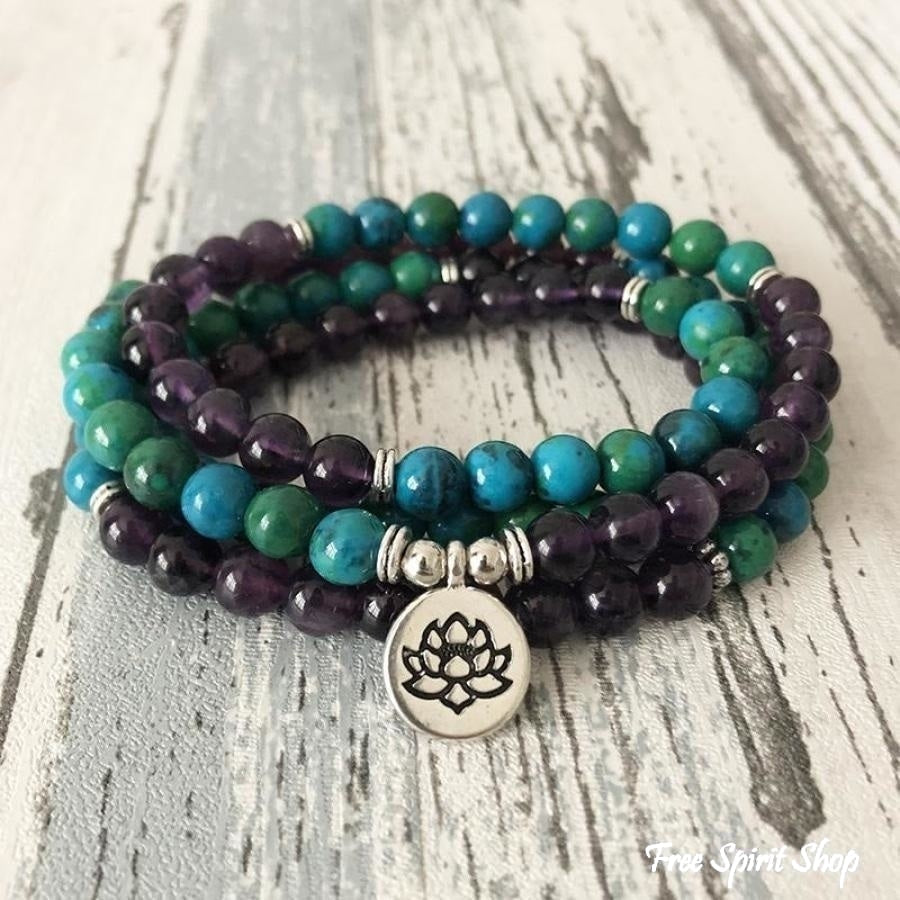 108 Natural Amethyst & Chrysocolla Mala Bead Bracelet - Free Spirit Shop