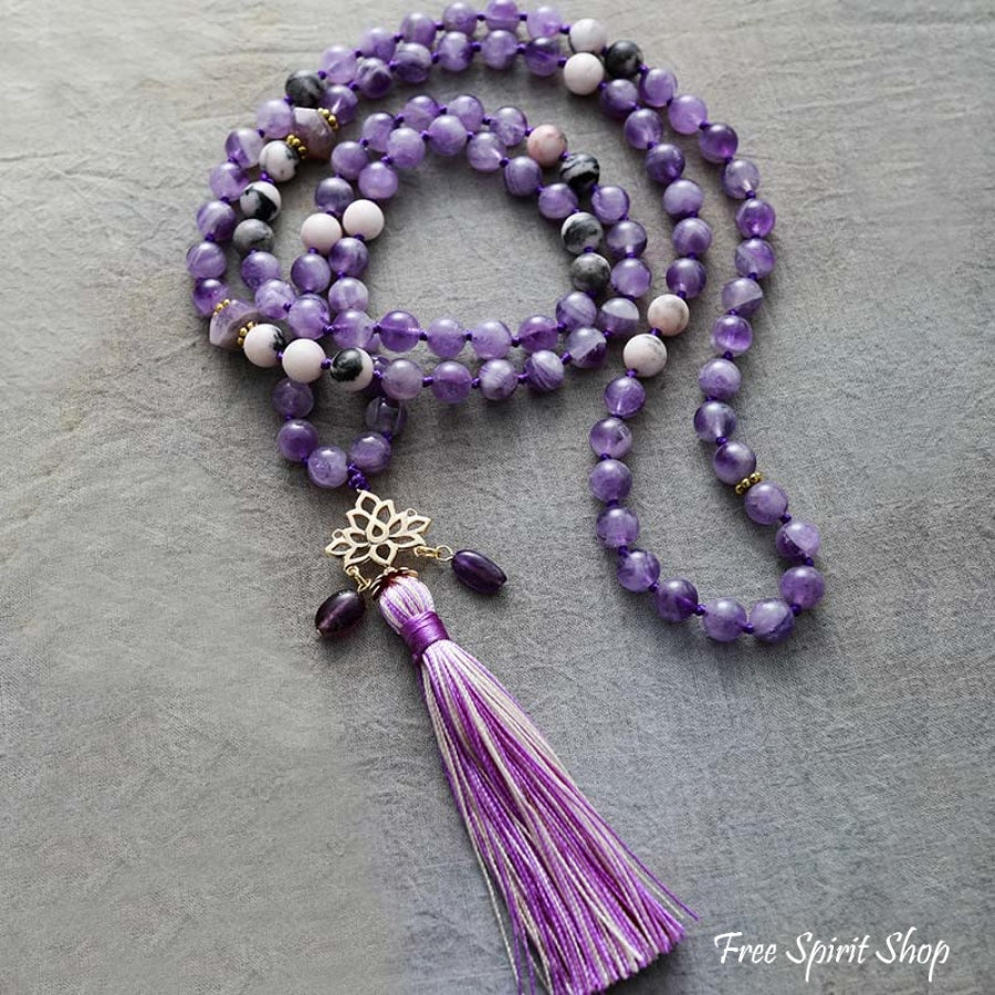 108 Natural Amethyst & Lotus Flower Charm Mala Bead Necklace - Free Spirit Shop