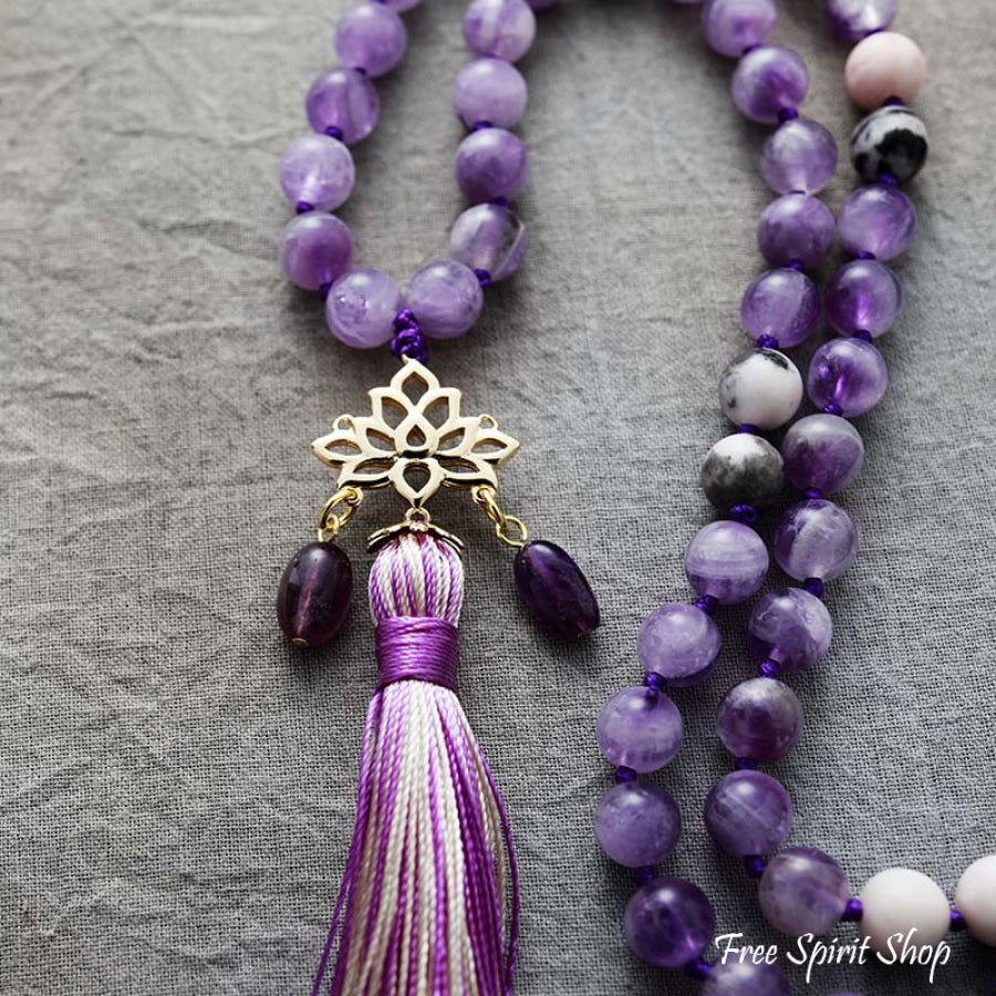 108 Natural Amethyst & Lotus Flower Charm Mala Bead Necklace - Free Spirit Shop