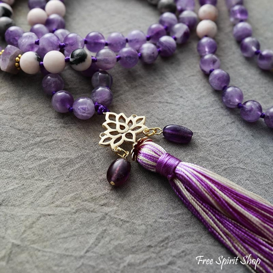 108 Natural Amethyst & Lotus Flower Charm Mala Bead Necklace - Free Spirit Shop