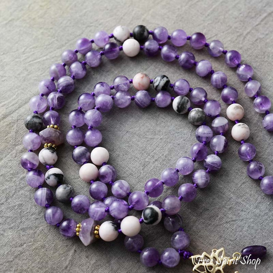 108 Natural Amethyst & Lotus Flower Charm Mala Bead Necklace - Free Spirit Shop