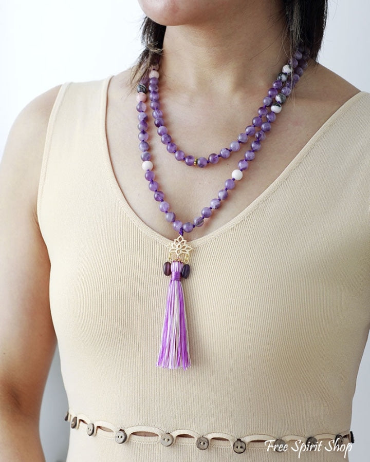 108 Natural Amethyst & Lotus Flower Charm Mala Bead Necklace - Free Spirit Shop