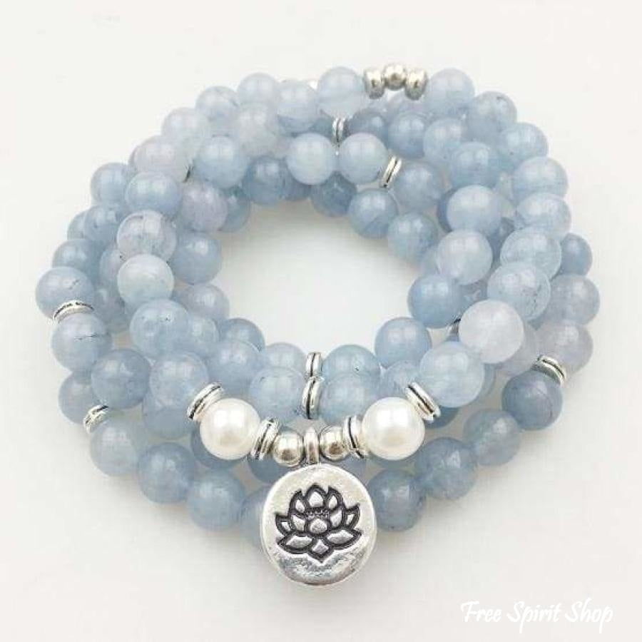 108 Natural Aquamarine & Pearl Mala Prayer Beads - Free Spirit Shop
