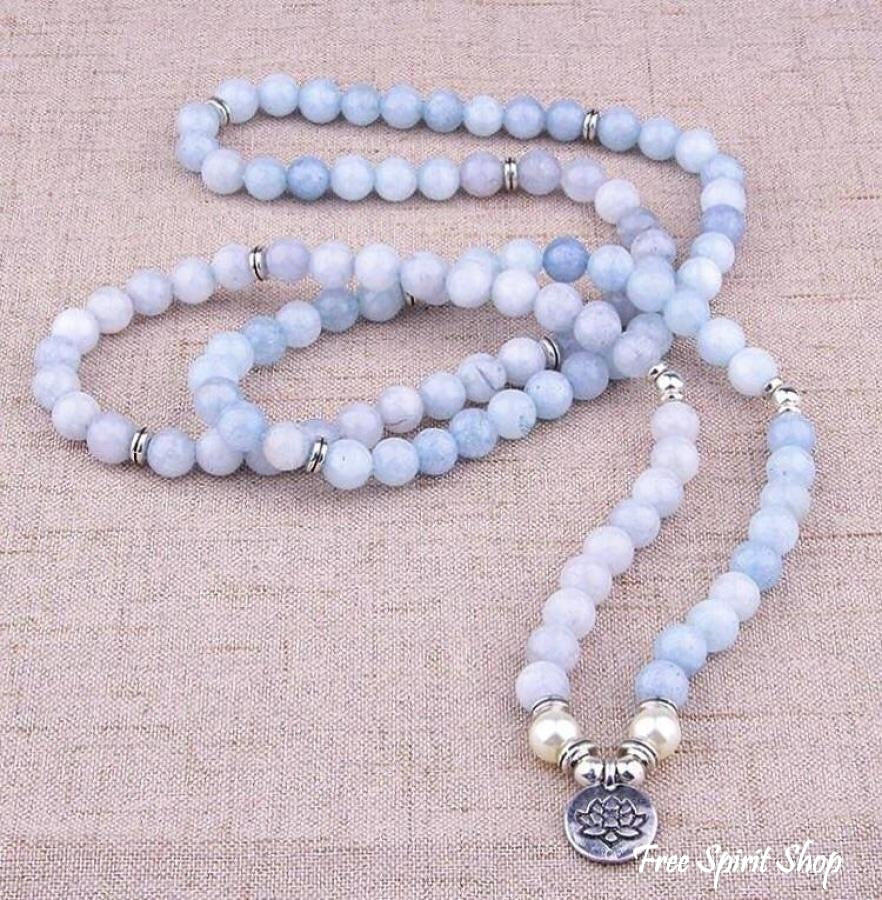 108 Natural Aquamarine & Pearl Mala Prayer Beads - Free Spirit Shop