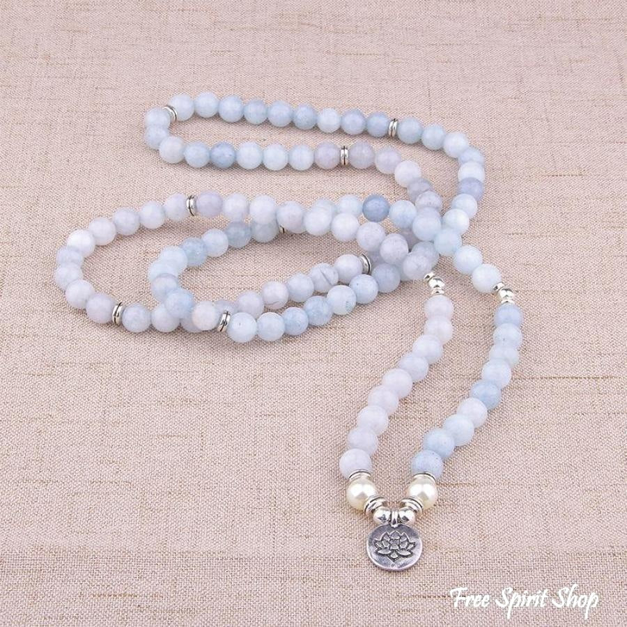 108 Natural Aquamarine & Pearl Mala Prayer Beads - Free Spirit Shop