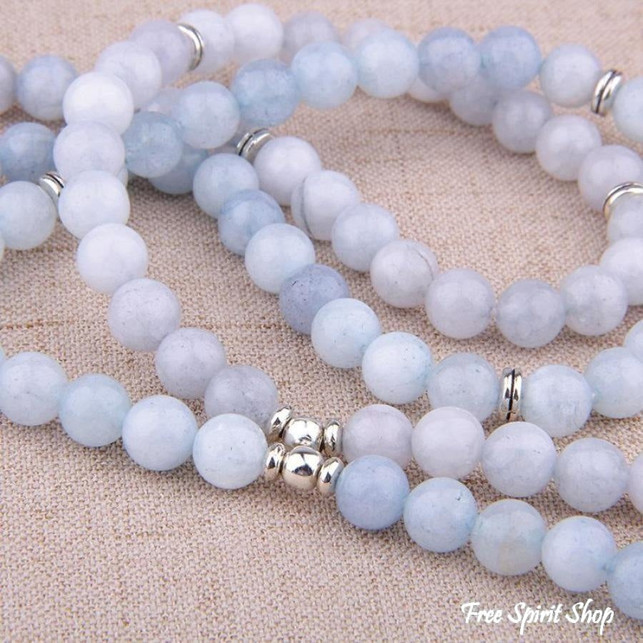 108 Natural Aquamarine & Pearl Mala Prayer Beads - Free Spirit Shop