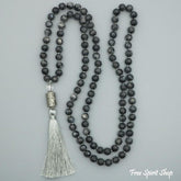 108 Natural Black Labradorite & Mantra Wheel Mala Bead Necklace - Free Spirit Shop