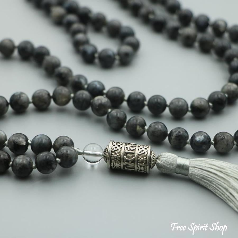 108 Natural Black Labradorite & Mantra Wheel Mala Bead Necklace - Free Spirit Shop