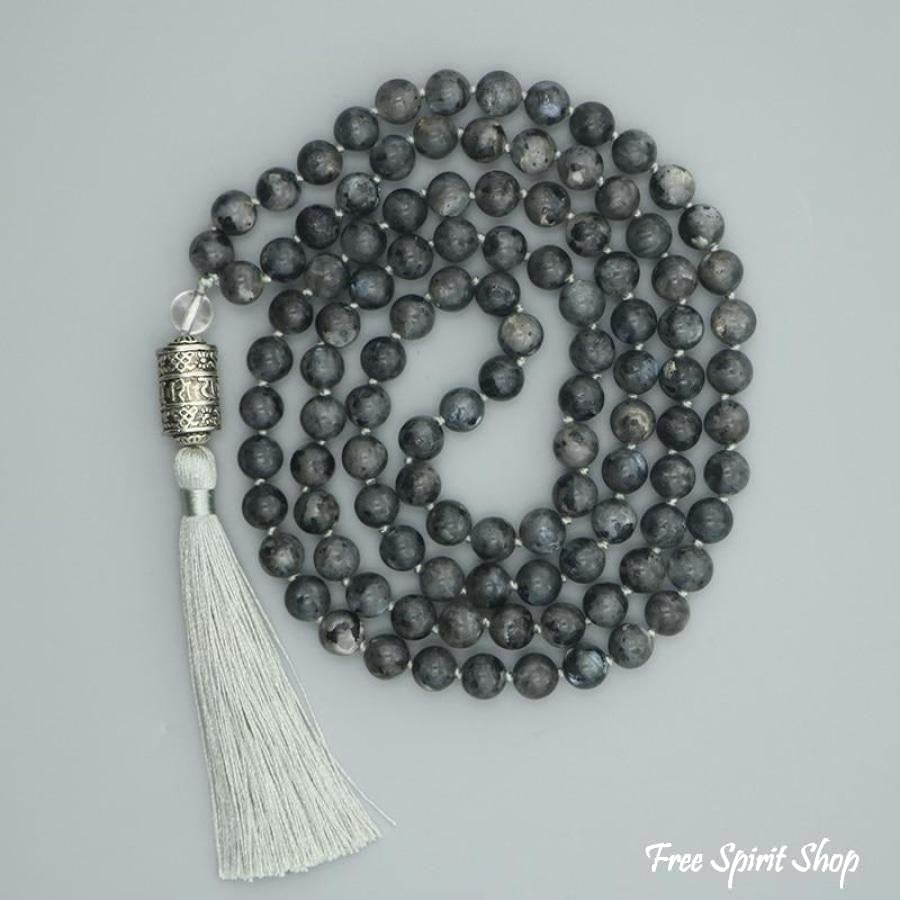 108 Natural Black Labradorite & Mantra Wheel Mala Bead Necklace - Free Spirit Shop