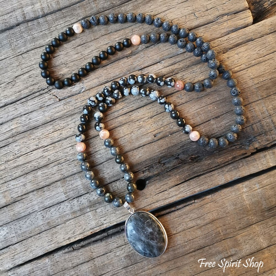 108 Natural Black Lava Stone Snowflake Obsidian Sunstone & Labradorite Mala Bead Necklace - Free Spirit Shop