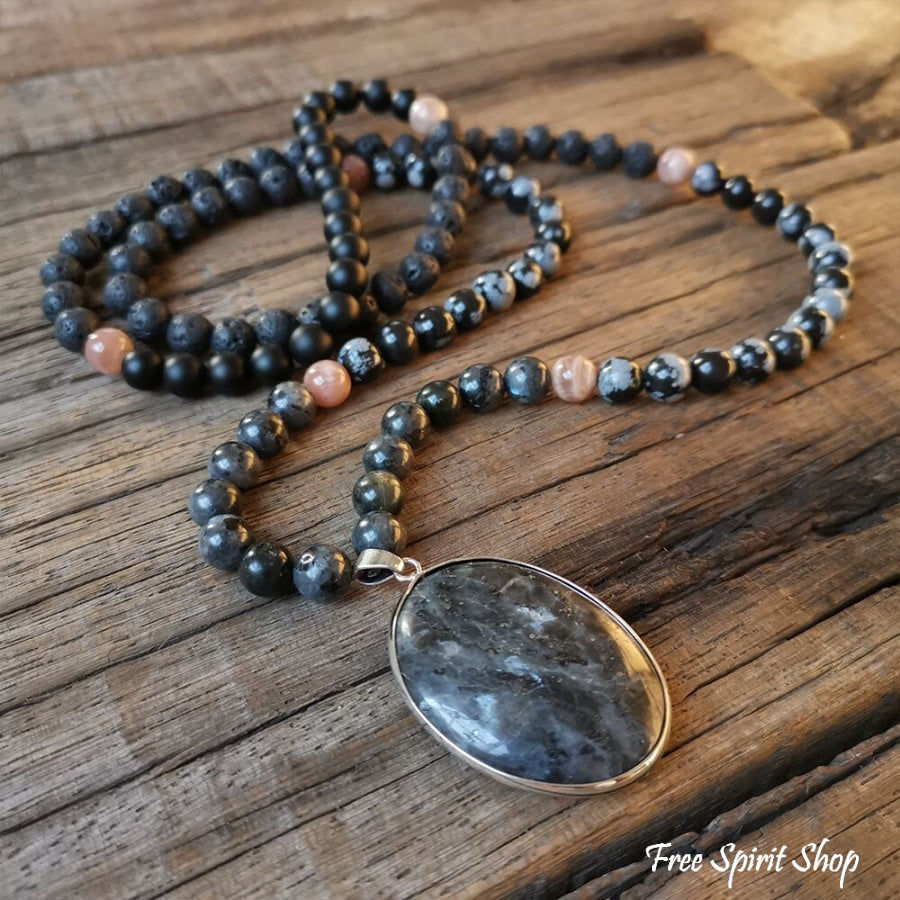 108 Natural Black Lava Stone Snowflake Obsidian Sunstone & Labradorite Mala Bead Necklace - Free Spirit Shop