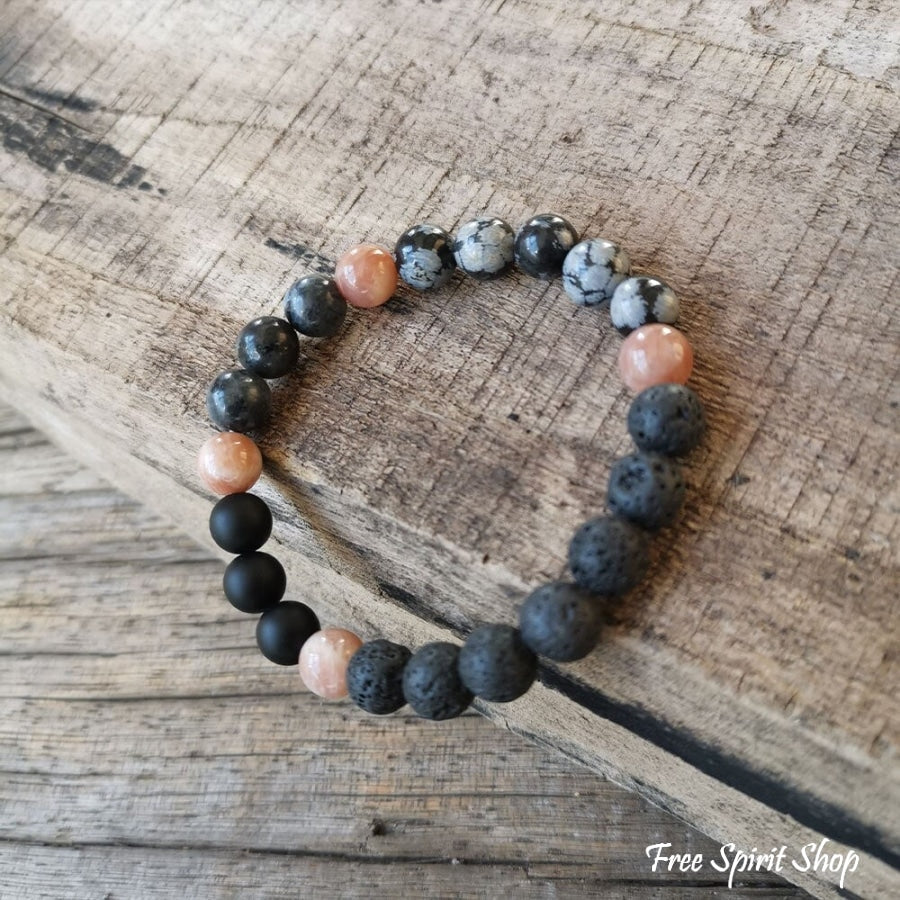 108 Natural Black Lava Stone Snowflake Obsidian Sunstone & Labradorite Mala Bead Necklace - Free Spirit Shop