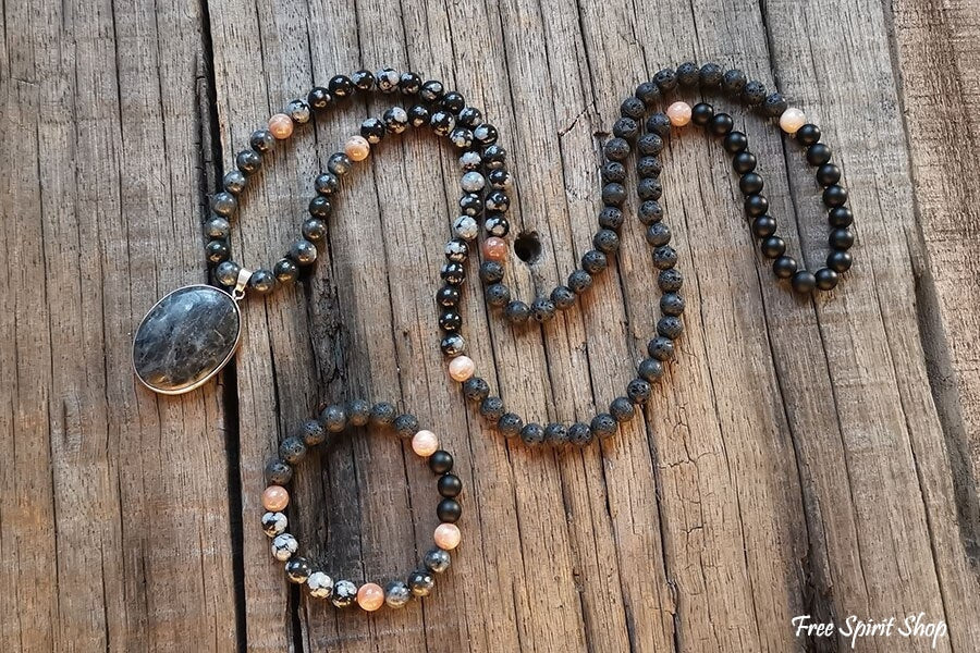 108 Natural Black Lava Stone Snowflake Obsidian Sunstone & Labradorite Mala Bead Necklace - Free Spirit Shop