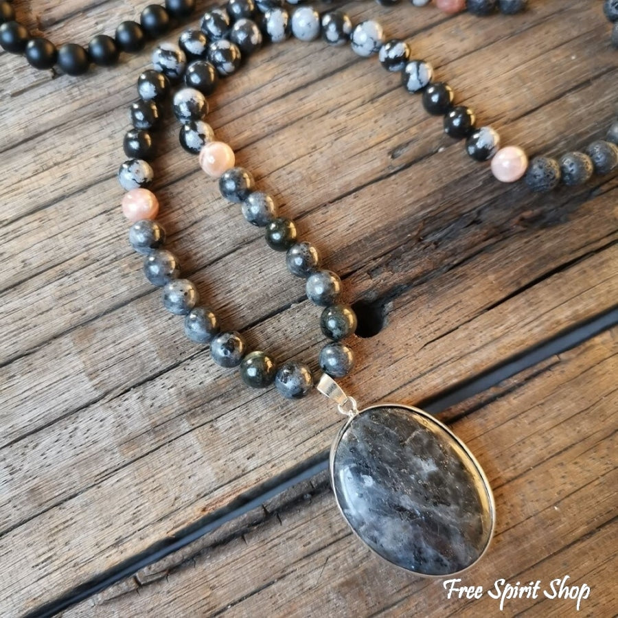 108 Natural Black Lava Stone Snowflake Obsidian Sunstone & Labradorite Mala Bead Necklace - Free Spirit Shop