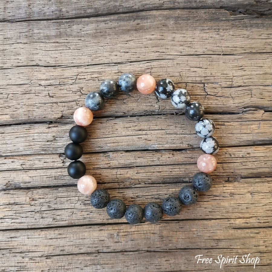 108 Natural Black Lava Stone Snowflake Obsidian Sunstone & Labradorite Mala Bead Necklace - Free Spirit Shop