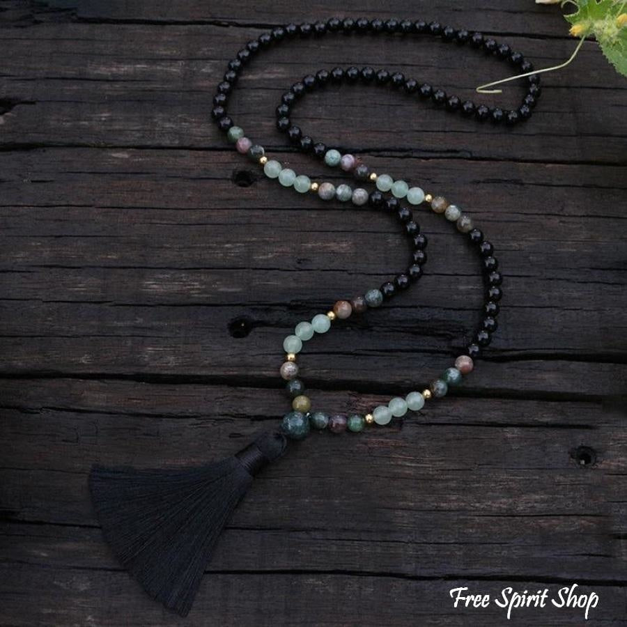 108 Natural Black Onyx, Indian Agate & Green Aventurine Gemstone Bead Mala Necklace - Free Spirit Shop
