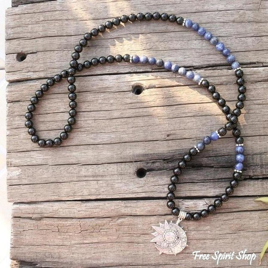 108 Natural Black Onyx & Sodalite Mala Beads With Sun & Moon Pendant - Free Spirit Shop