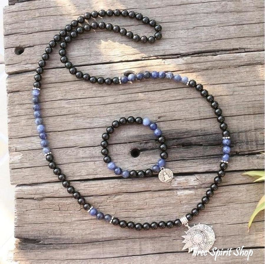 108 Natural Black Onyx & Sodalite Mala Beads With Sun & Moon Pendant - Free Spirit Shop