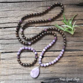 108 Natural Bronzite & Purple Lepidolite Mala Bead Necklace - Free Spirit Shop